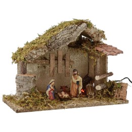 Capanna per presepe con Natività e fuoco cm 35x15x23,5 h