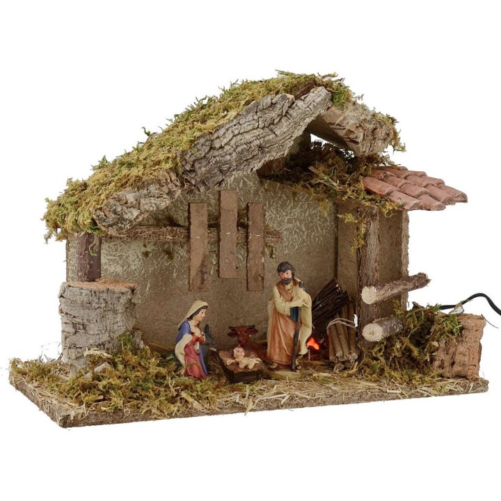 Capanna per presepe con Natività e fuoco cm 35x15x23,5 h