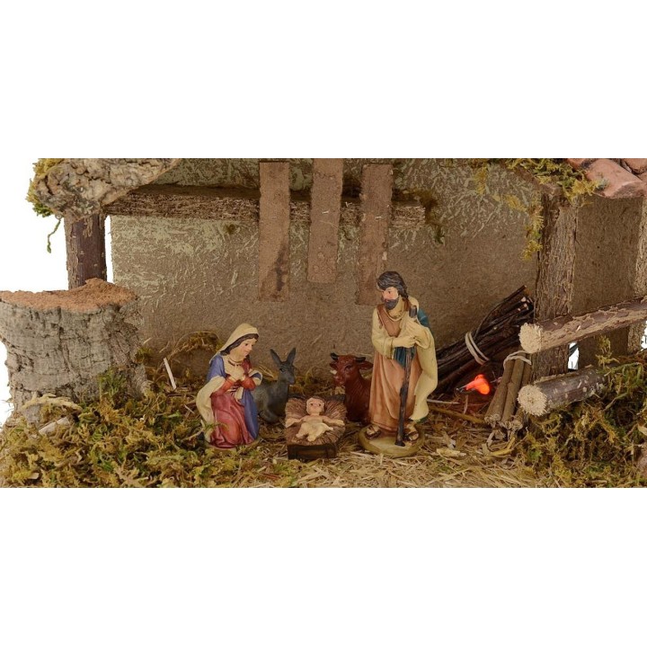 Capanna per presepe con Natività e fuoco cm 35x15x23,5 h