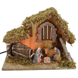 Cabaña para belén iluminada con Natividad Landi cm 32x18x24 h