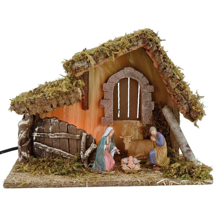 Illuminated nativity scene hut with Landi Nativity cm 32x18x24 h