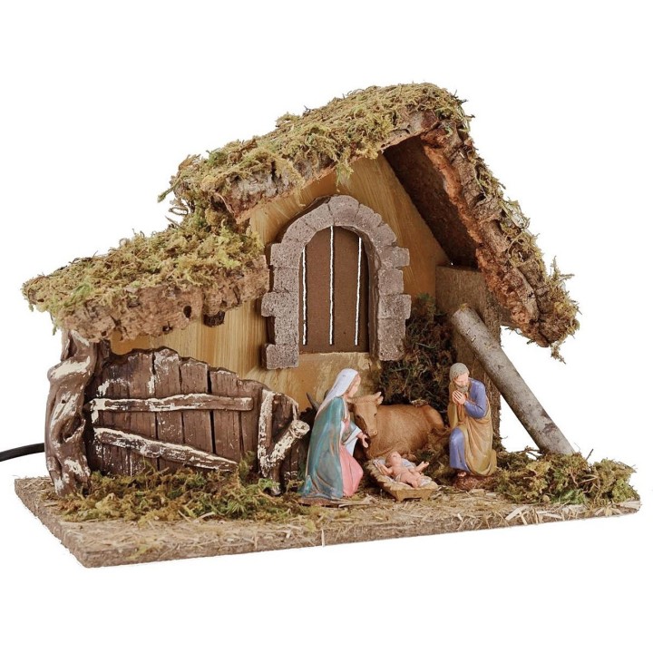 Capanna per presepe illuminata con Natività Landi cm 32x18x24 h