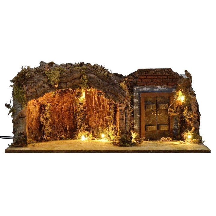 Grotto with illuminated door cm 49x25x20 h for Nativity 10-12 cm