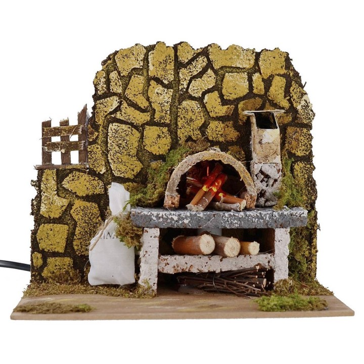 Forno a legna con lampada effetto fuoco funzionante per presepe