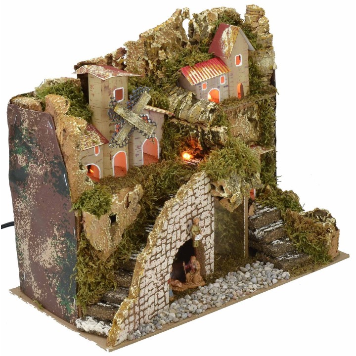 Presepe illuminato con borgo e paesaggio cm 28x15x23 h completo