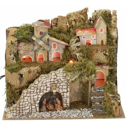 Pesebre iluminado con pueblo y paisaje cm 28x15x23 h completo