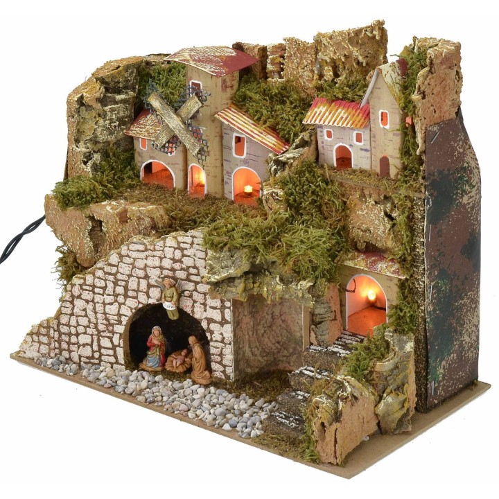 Pesebre iluminado con pueblo y paisaje cm 28x15x23 h completo
