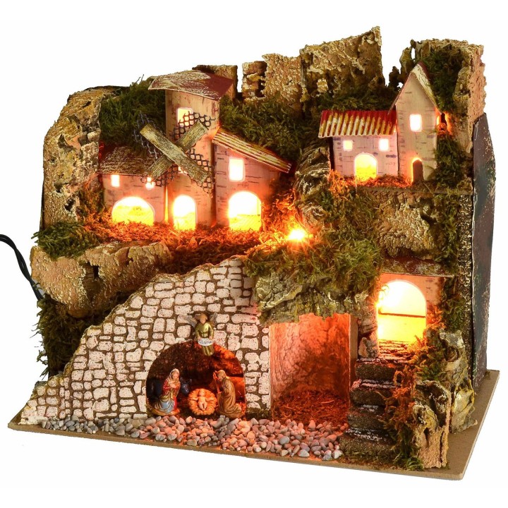 Presepe illuminato con borgo e paesaggio cm 28x15x23 h completo