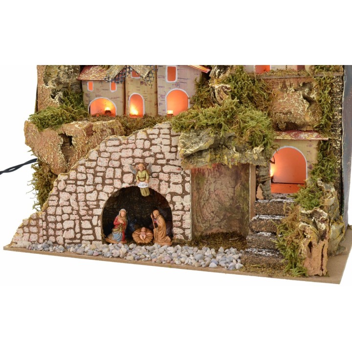 Pesebre iluminado con pueblo y paisaje cm 28x15x23 h completo