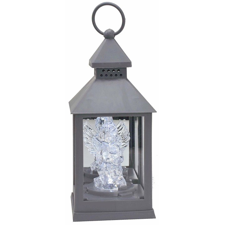 Lanterna grigia con angelo illuminato cm 10x10x23 h