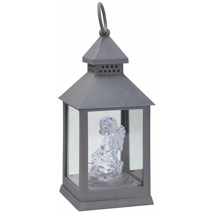 Lanterna grigia con angelo illuminato cm 10x10x23 h