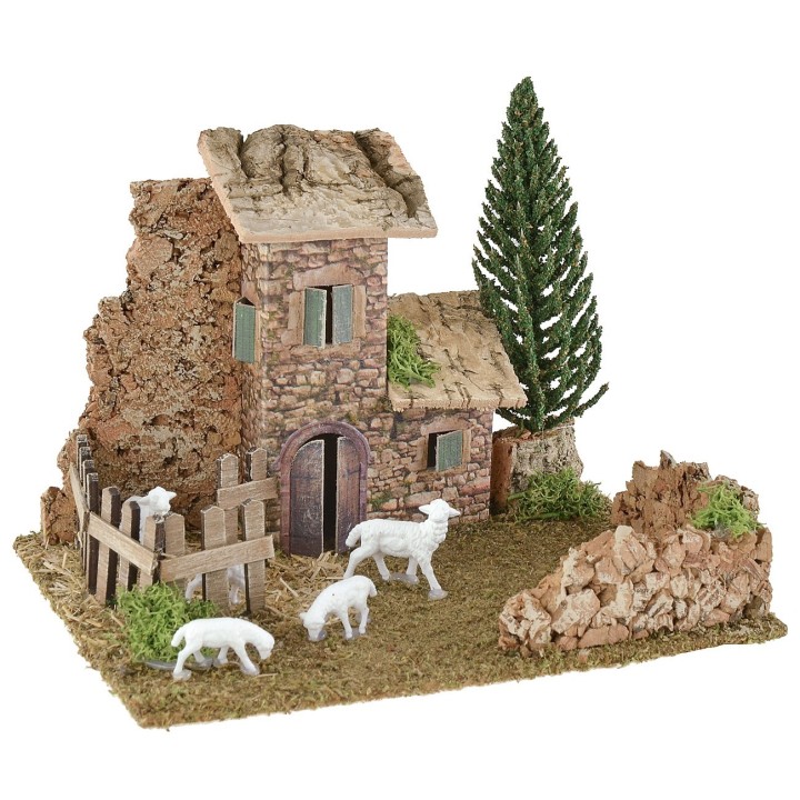 Setting for nativity scene with house and sheepfold 20x15x14 cm