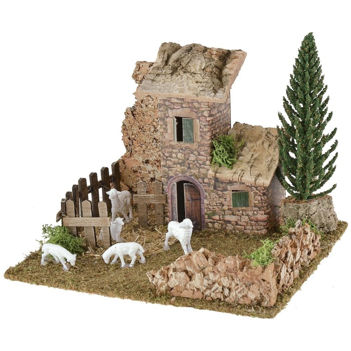 Escenario para belén con casita y redil de ovejas de 20x15x14