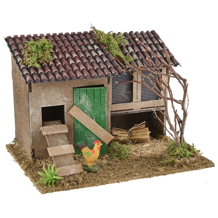 Nativity scene setting with chicken coop and rabbit hutch