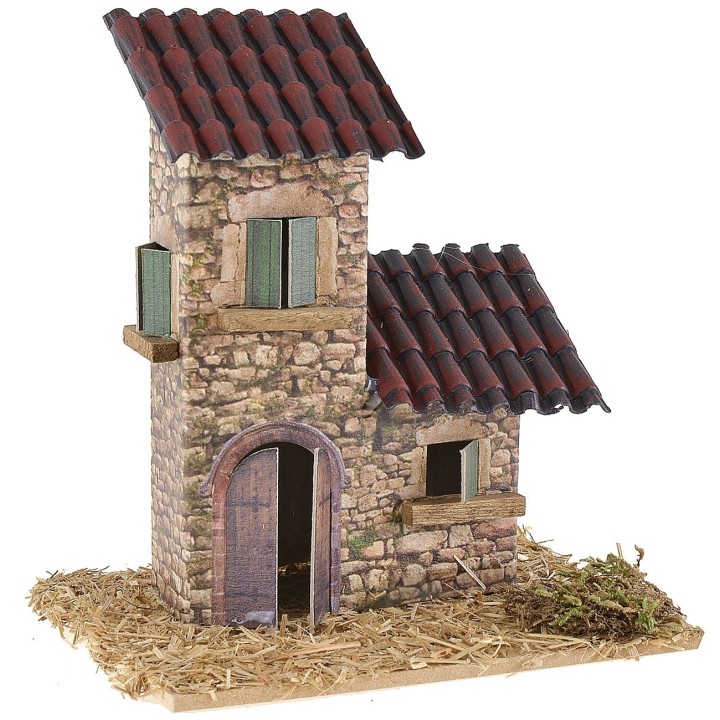 Casita doble con techos inclinados para belén de 12x9x13 cm h