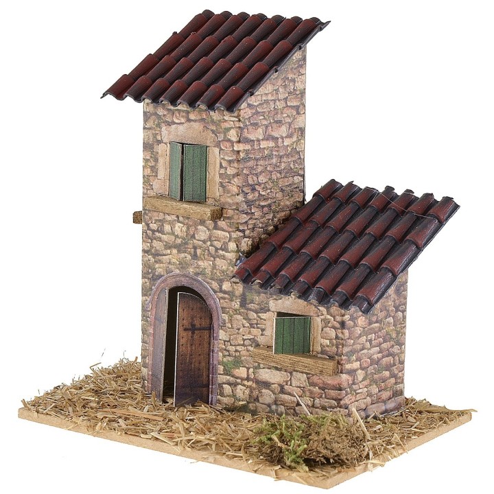 Casita doble con techos inclinados para belén de 12x9x13 cm h