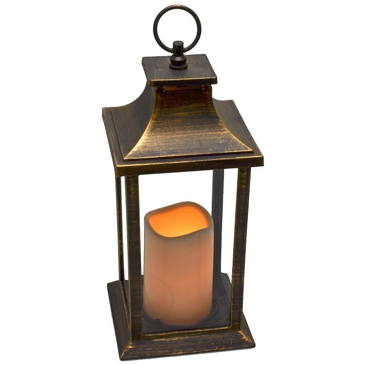 Linterna negra efecto oro con vela a pilas de 14x14x35 cm h