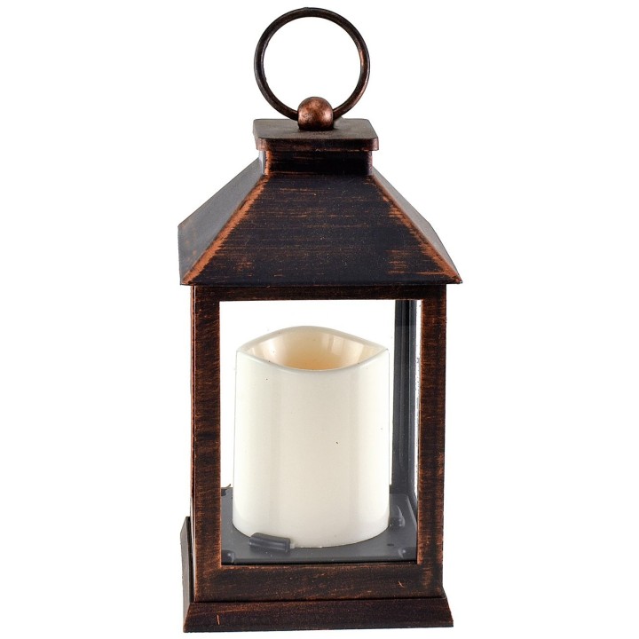 Linterna negra efecto cobre con vela a pilas de 10,5x10,5x23,5