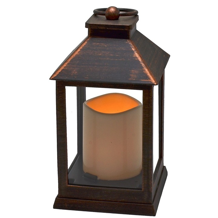 Linterna negra efecto cobre con vela a pilas de 10,5x10,5x23,5