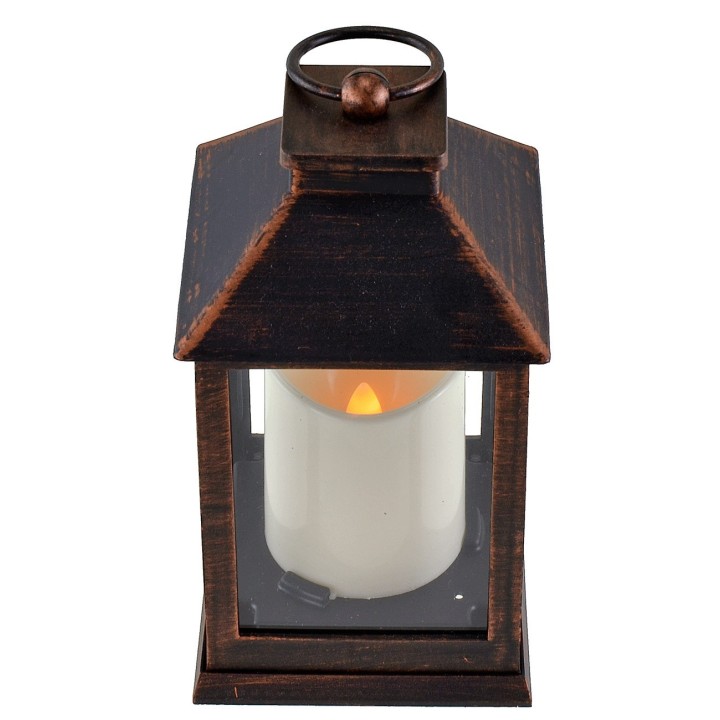 Linterna negra efecto cobre con vela a pilas de 10,5x10,5x23,5