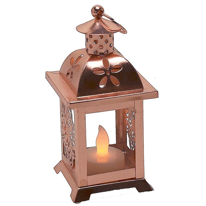 Copper lantern with battery-powered candle 7x7x17 cm h