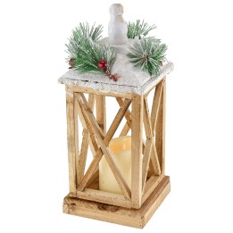 Lanterna in legno innevata con candela a batterie cm 15x15x37,5