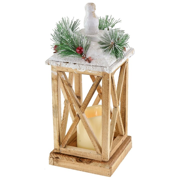 Lanterna in legno innevata con candela a batterie cm 15x15x37,5