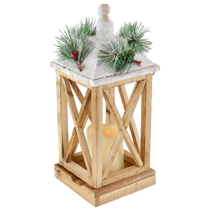 Lanterna in legno innevata con candela a batterie cm 15x15x37,5
