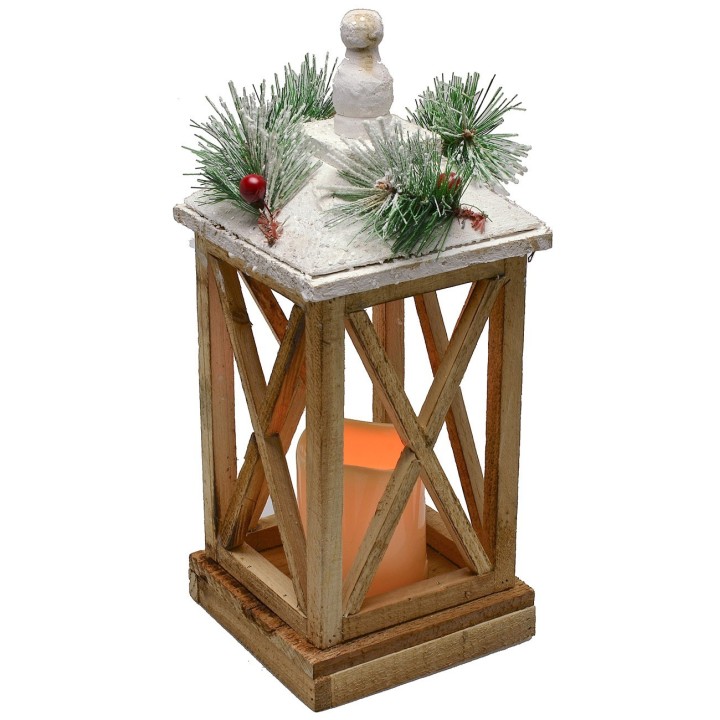 Lanterna in legno innevata con candela a batterie cm 15x15x37,5