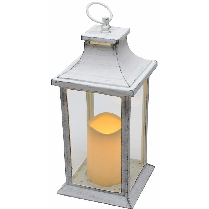 Linterna blanca envejecida con vela a pilas de 14x14x35 cm h