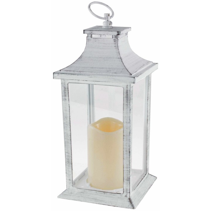 Linterna blanca envejecida con vela a pilas de 14x14x35 cm h