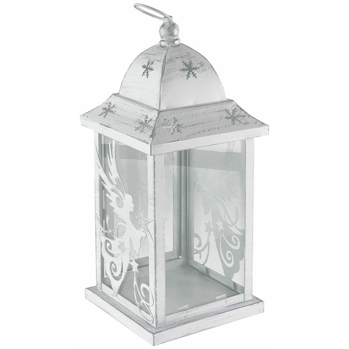 Farol de metal blanco envejecido con ángel de 14x14x36 cm h