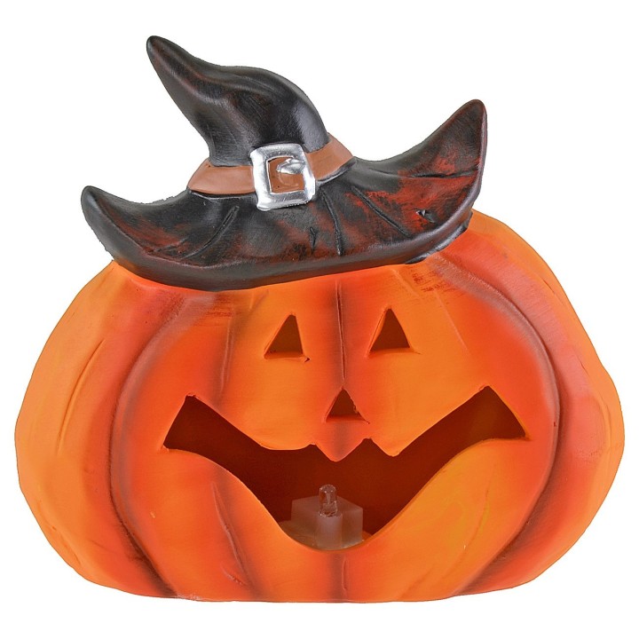 Pumpkin with hat and battery-operated color-changing LED for