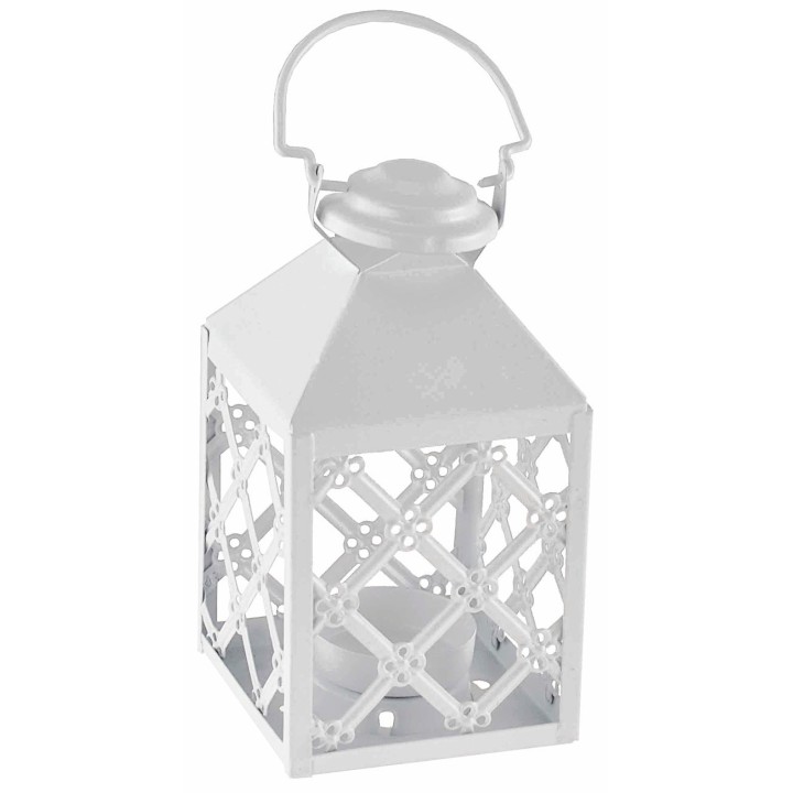 Lanterna bianca in metallo con porta lumino 7,5x7,5 x17,5 h