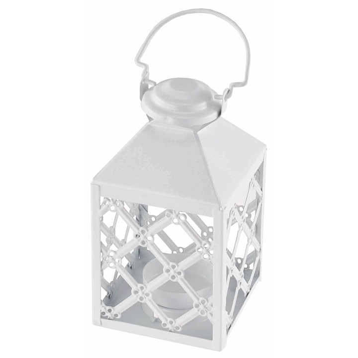 Linterna blanca de metal con soporte para vela 7,5x7,5 x17,5 h