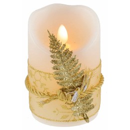 Candela led a batterie decorata da nastro con foglia oro h 11 cm