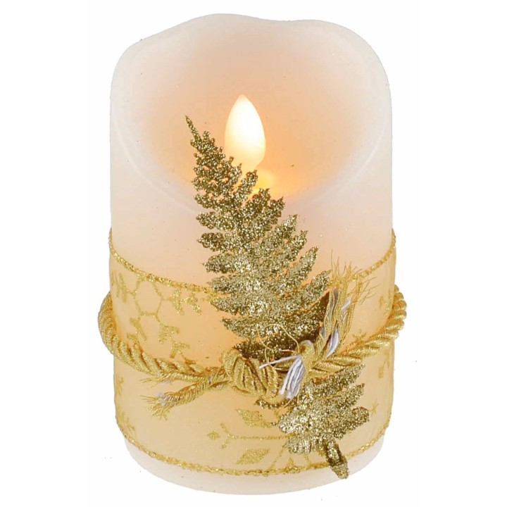 Candela led a batterie decorata da nastro con foglia oro h 11 cm