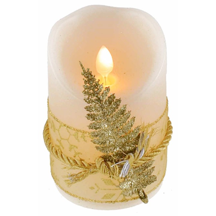 Battery-operated LED candle decorated with gold leaf ribbon h