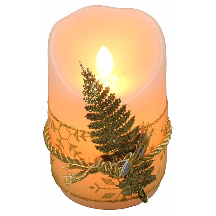 Candela led a batterie decorata da nastro con foglia oro h 11 cm