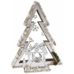 Albero in legno bianco con portacandela e Natività h 58 cm