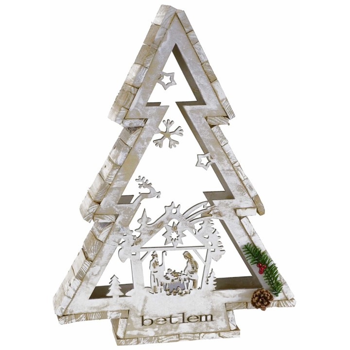 White wooden tree with candle holder and Nativity h 58 cm