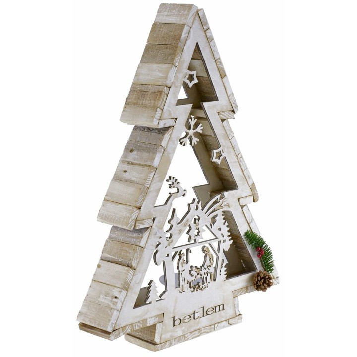Albero in legno bianco con portacandela e Natività h 58 cm