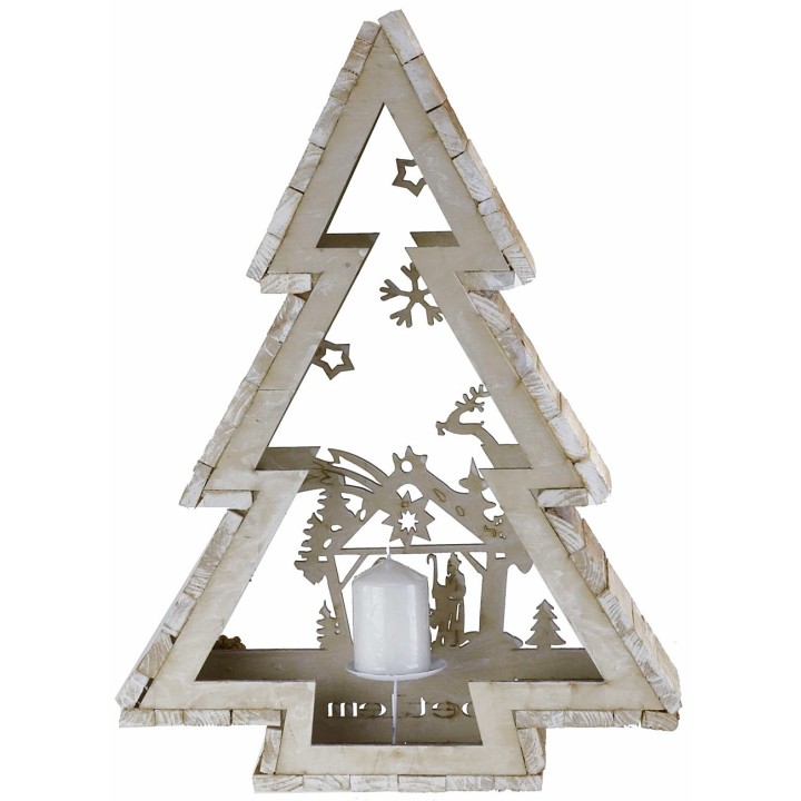Albero in legno bianco con portacandela e Natività h 58 cm