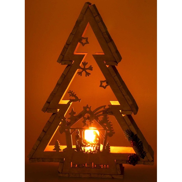 White wooden tree with candle holder and Nativity h 58 cm