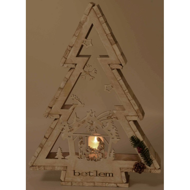 Albero in legno bianco con portacandela e Natività h 58 cm