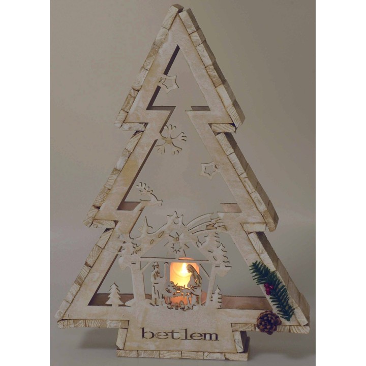 Árbol de madera blanca con portavelas y Natividad h 58 cm