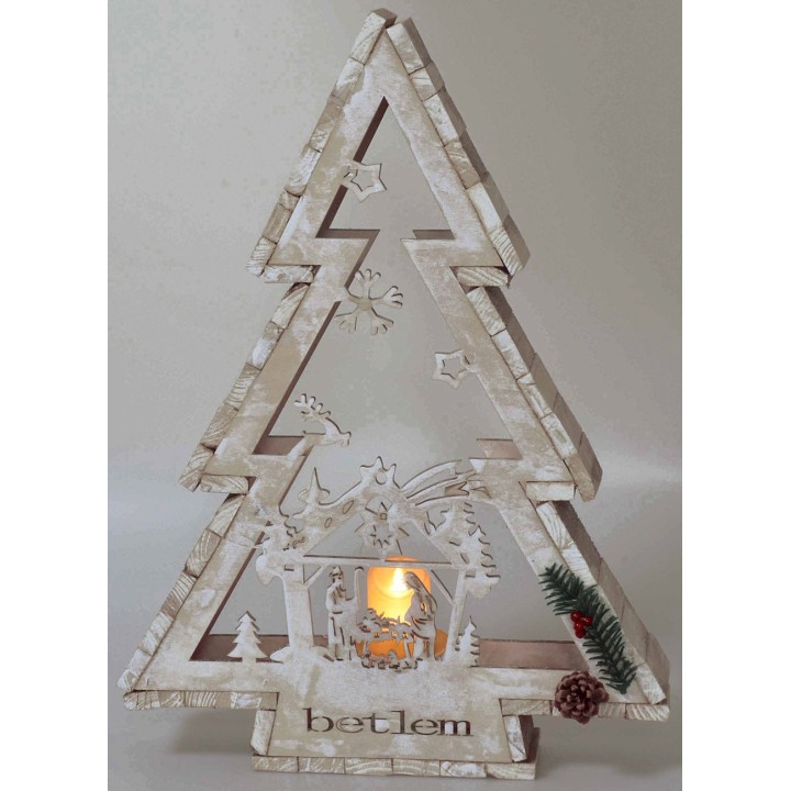 Albero in legno bianco con portacandela e Natività h 58 cm