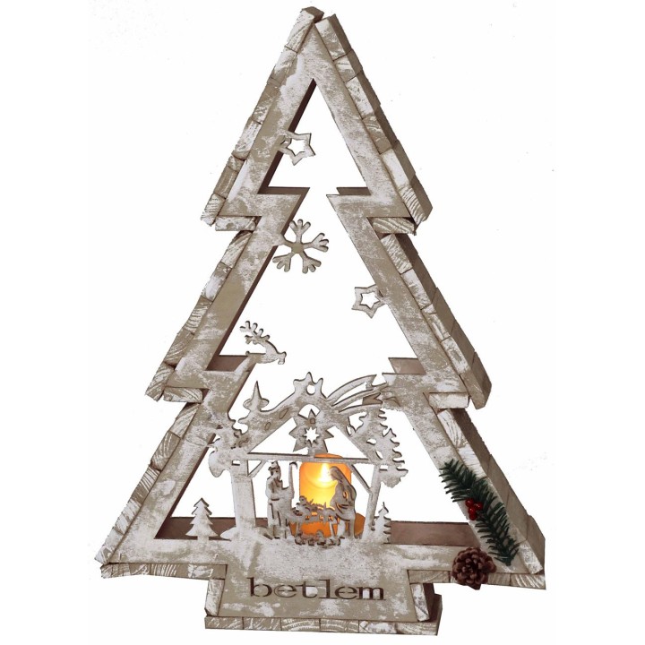 Albero in legno bianco con portacandela e Natività h 58 cm