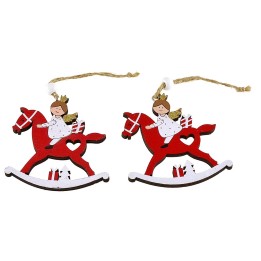 Set of 2 wooden angels on red horses 8x9 h cm for Christmas tree