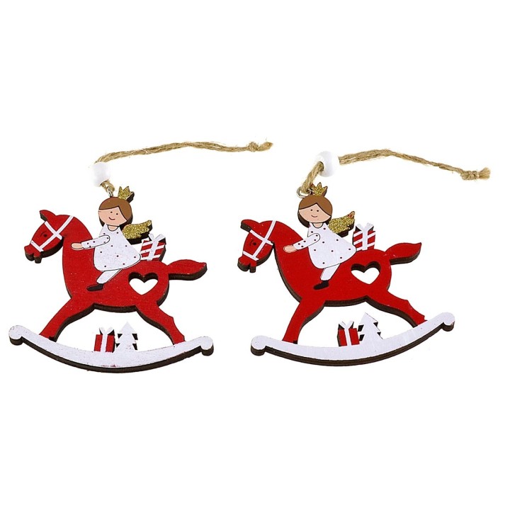 Set of 2 wooden angels on red horses 8x9 h cm for Christmas tree